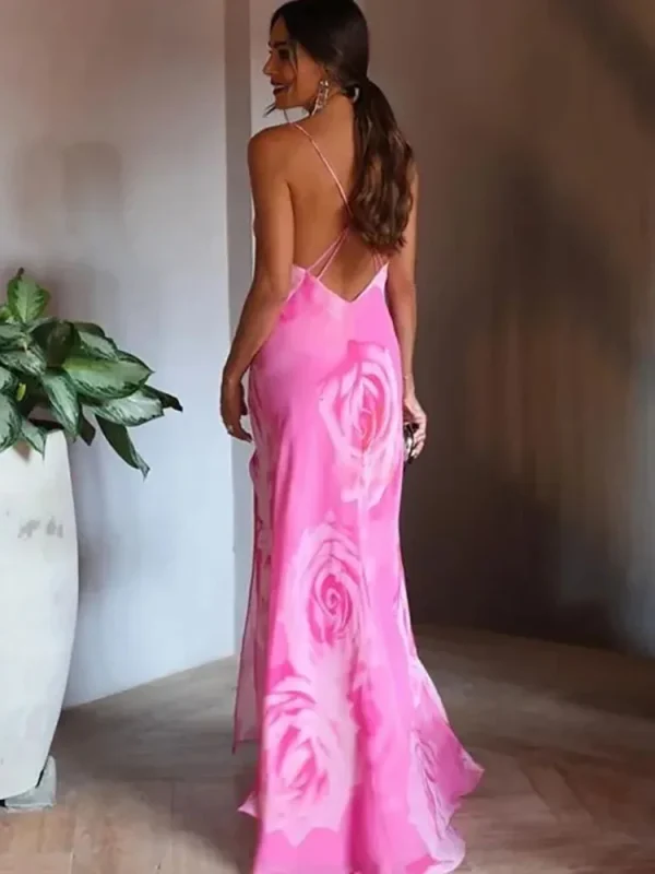 Printed Camisole Ruffled Floral Open Back Mid V-neck Zipper Beach Holiday Long Chic Dress - Image 2
