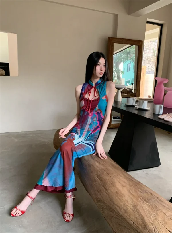 Printed Color Blocked Retro Design Slim Fit Long Skirt Dress - Image 7