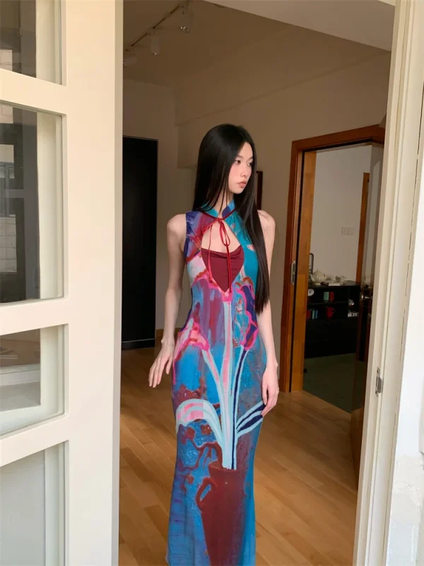 Printed Color Blocked Retro Design Slim Fit Long Skirt Dress - Image 6