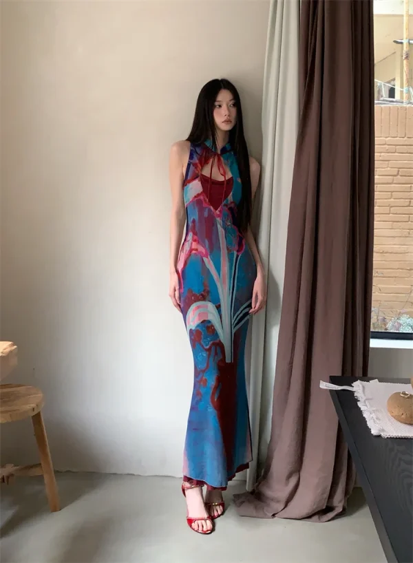 Printed Color Blocked Retro Design Slim Fit Long Skirt Dress - Image 5