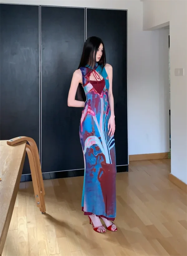 Printed Color Blocked Retro Design Slim Fit Long Skirt Dress - Image 4