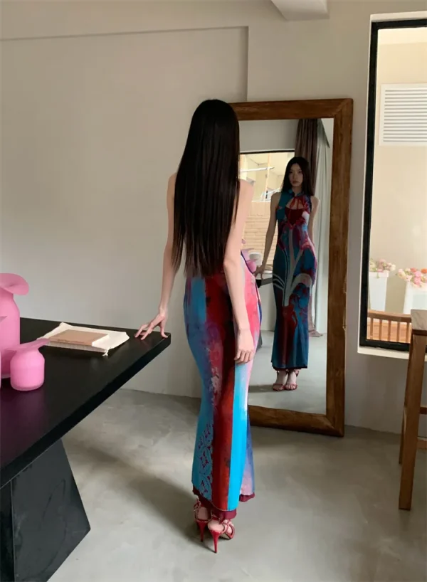 Printed Color Blocked Retro Design Slim Fit Long Skirt Dress - Image 8