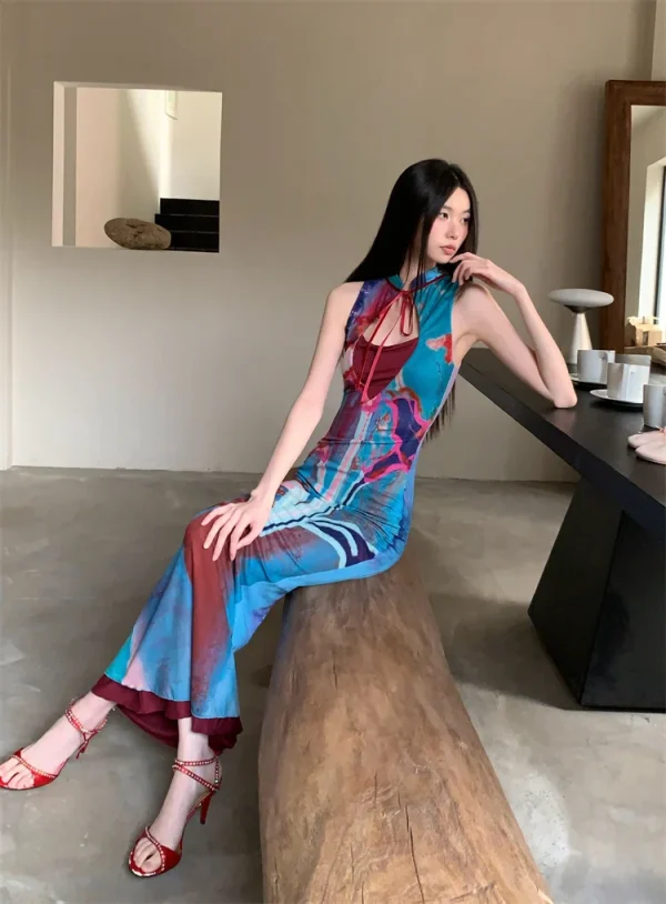Printed Color Blocked Retro Design Slim Fit Long Skirt Dress - Image 3