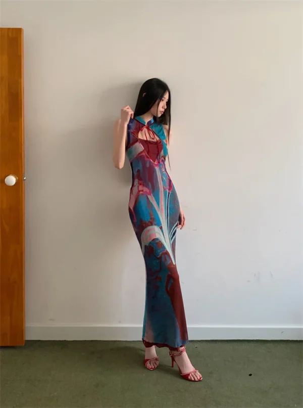 Printed Color Blocked Retro Design Slim Fit Long Skirt Dress - Image 2