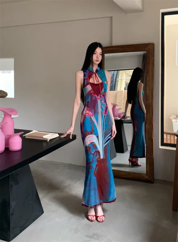 Printed Color Blocked Retro Design Slim Fit Long Skirt Dress