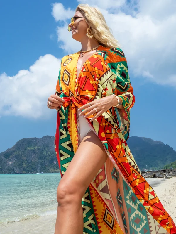 Casual Printed Cover Up Kimono for Sea Boho Cover up Long Swimsuit - Image 4