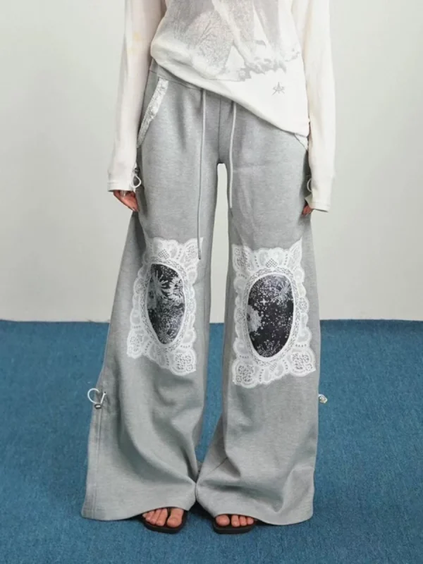Printing Slimming High Waist Minimalist Loose Casual Spliced Lace Up Pants - Image 2