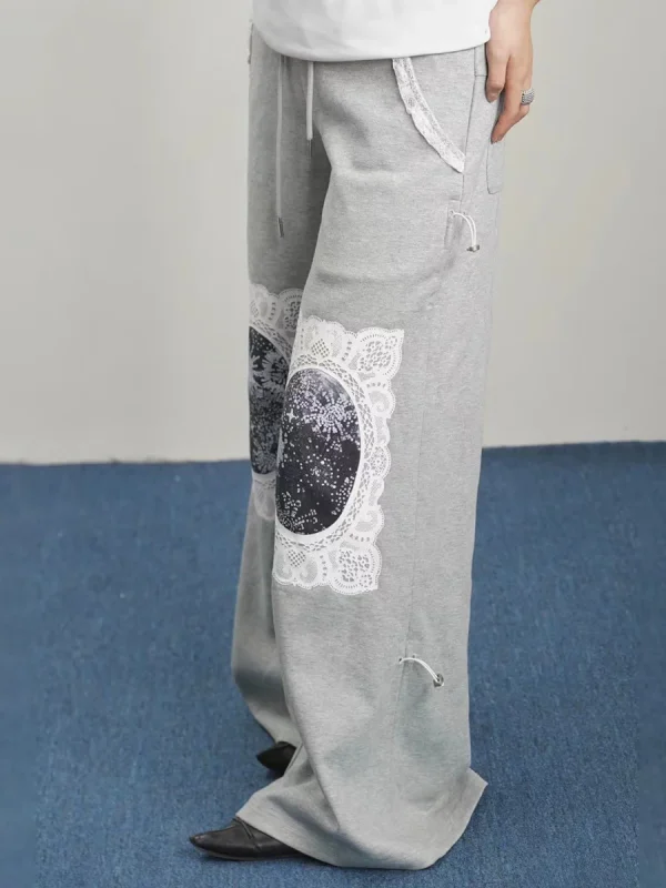 Printing Slimming High Waist Minimalist Loose Casual Spliced Lace Up Pants - Image 3