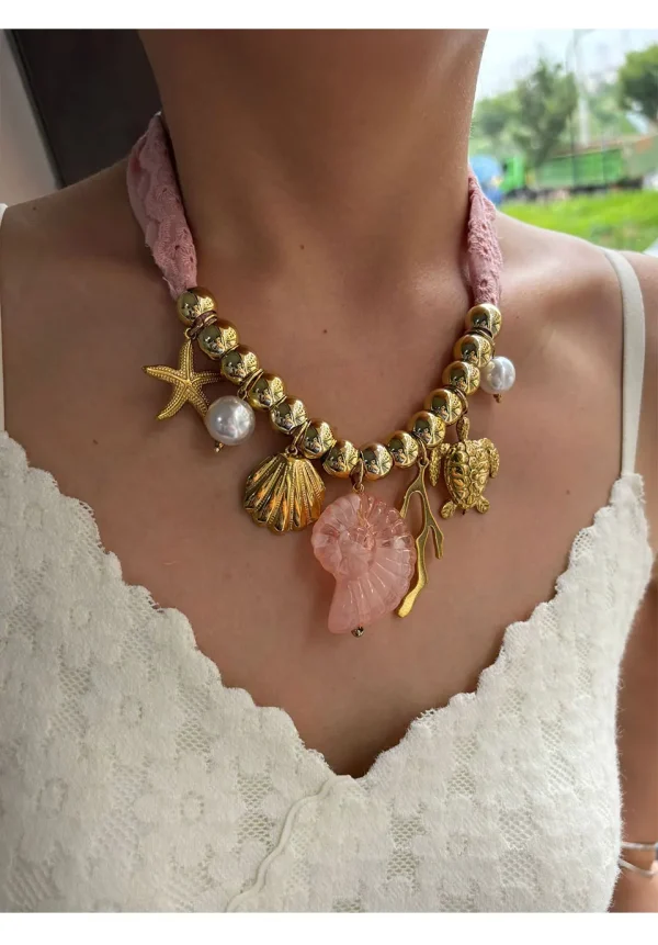 Resin Conch Golden Stainless Steel Starfish Shell Ocean Style Statement Pendant Necklace - Image 2