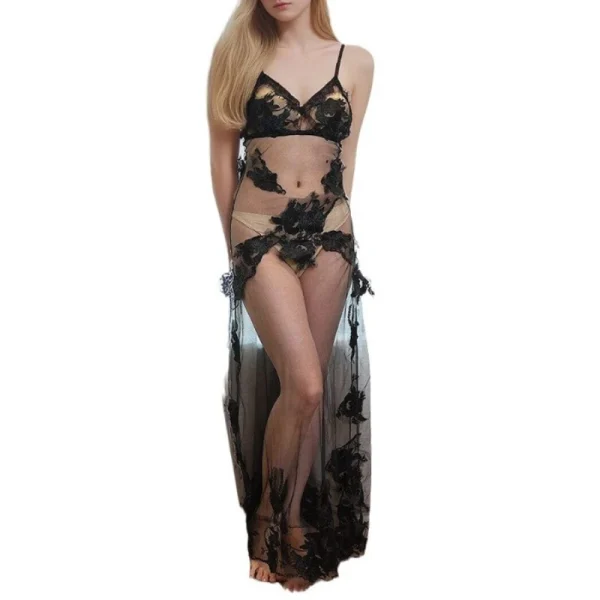Elegant Embroidery Patchwork Mesh See-through Deep V Long Dress - Image 3