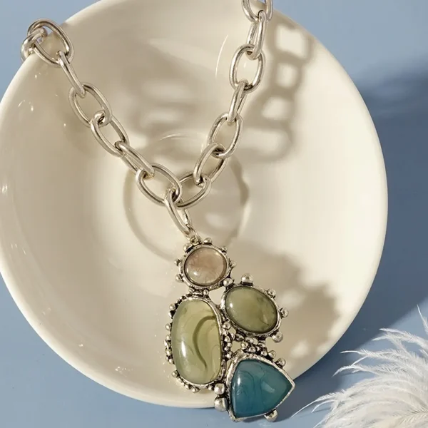 Retro Zircon Plant Link Chain Stainless Steel Long Earring Necklace Jewellery Set - Image 5