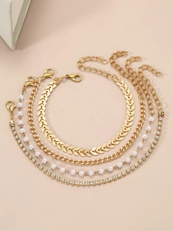 Rhinestone Pearl Sequenced Arrow Multi-Chain Resort Wear 4PCS Beacelet - Image 5