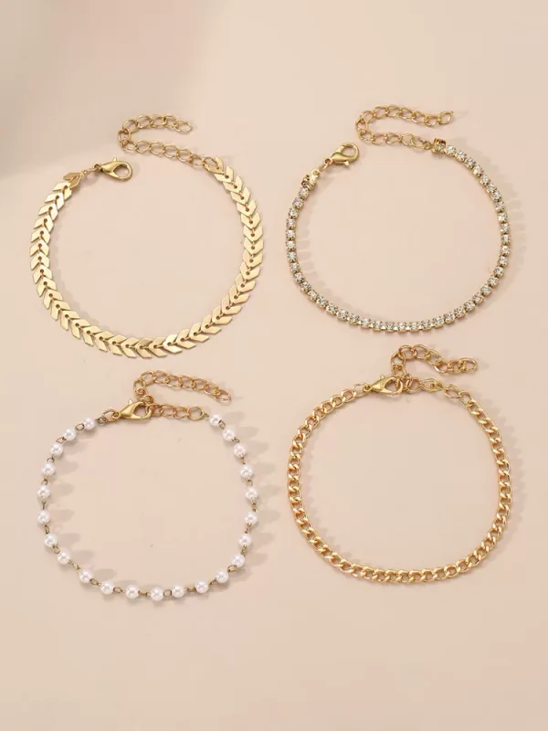 Rhinestone Pearl Sequenced Arrow Multi-Chain Resort Wear 4PCS Beacelet - Image 6