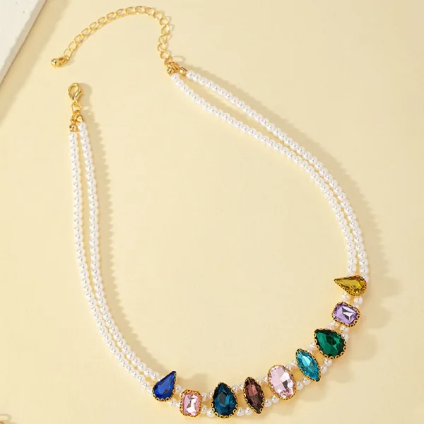 Romantic Acrylic Round Pearl Colored Stone Zinc Alloy Pendant Chain Necklace - Image 2