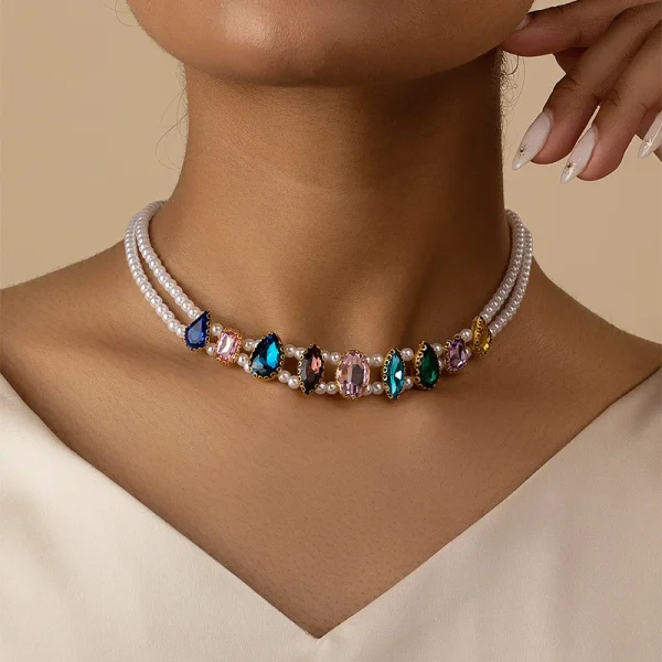 Romantic Acrylic Round Pearl Colored Stone Zinc Alloy Pendant Chain Necklace