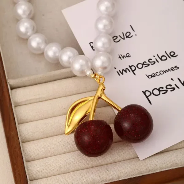 Romantic Resin Cherry Pendant Beaded Irregular Pearl Necklace - Image 2