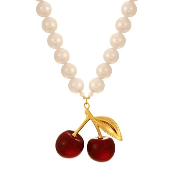 Romantic Resin Cherry Pendant Beaded Irregular Pearl Necklace - Image 3