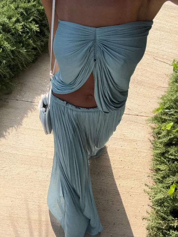 Ruched 2 Piece Set Irregular Navel Exposed Tube Tops+Splits Long Skirts Sets - Image 2