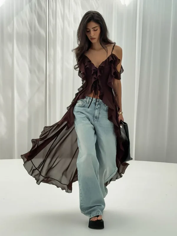 Ruffle V-neck Irregular Mesh See Through Sleeveless Chic Mid-length Dress
