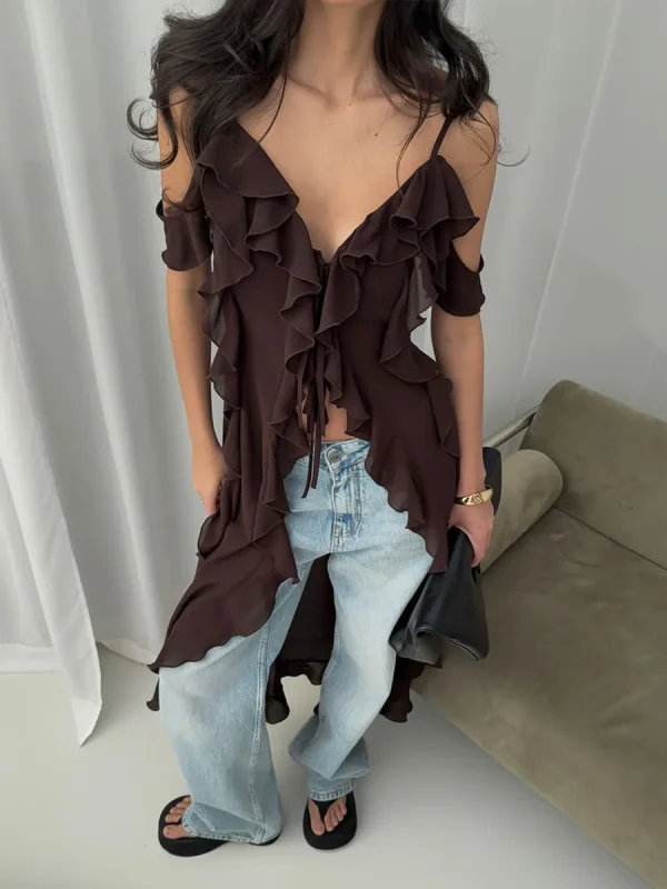 Ruffle V-neck Irregular Mesh See Through Sleeveless Chic Mid-length Dress - Image 4