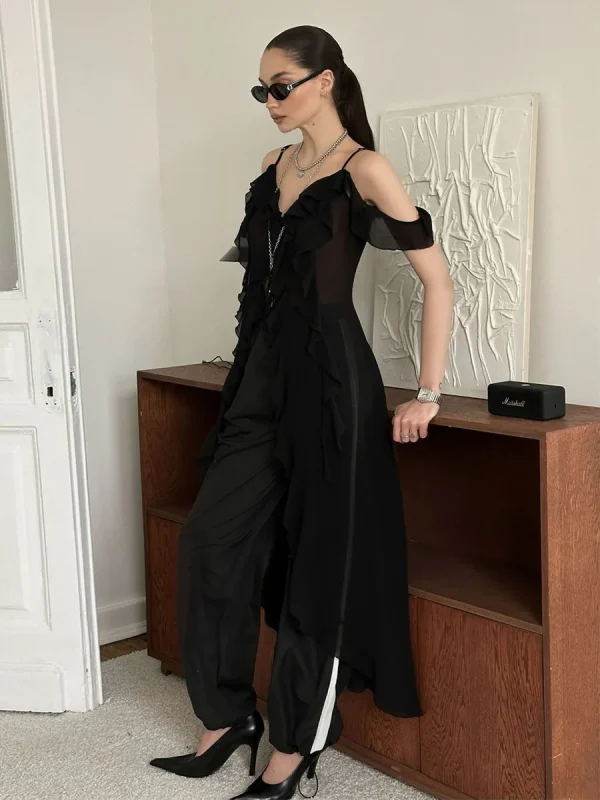 Ruffle V-neck Irregular Mesh See Through Sleeveless Chic Mid-length Dress - Image 5
