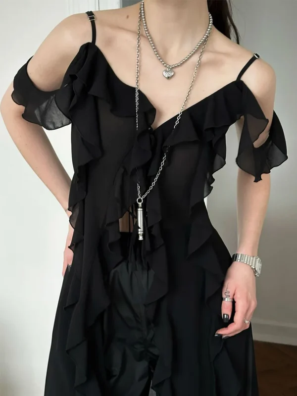 Ruffle V-neck Irregular Mesh See Through Sleeveless Chic Mid-length Dress - Image 6