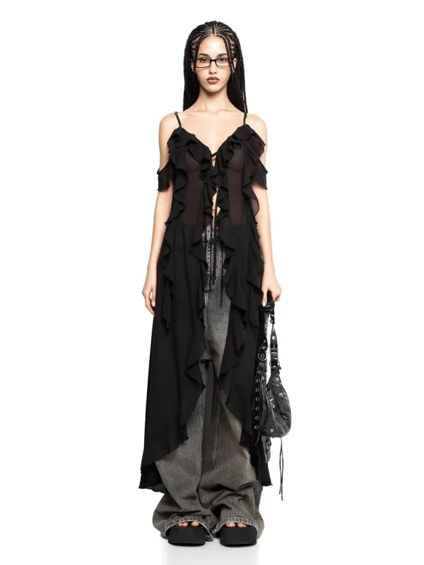 Ruffle V-neck Irregular Mesh See Through Sleeveless Chic Mid-length Dress - Image 7