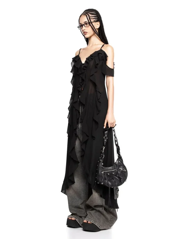 Ruffle V-neck Irregular Mesh See Through Sleeveless Chic Mid-length Dress - Image 8