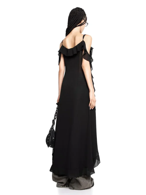 Ruffle V-neck Irregular Mesh See Through Sleeveless Chic Mid-length Dress - Image 9