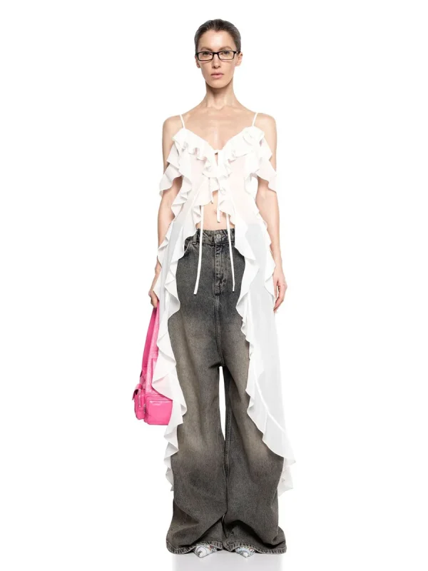 Ruffle V-neck Irregular Mesh See Through Sleeveless Chic Mid-length Dress - Image 13