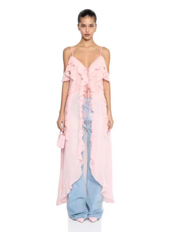Ruffle V-neck Irregular Mesh See Through Sleeveless Chic Mid-length Dress - Image 14