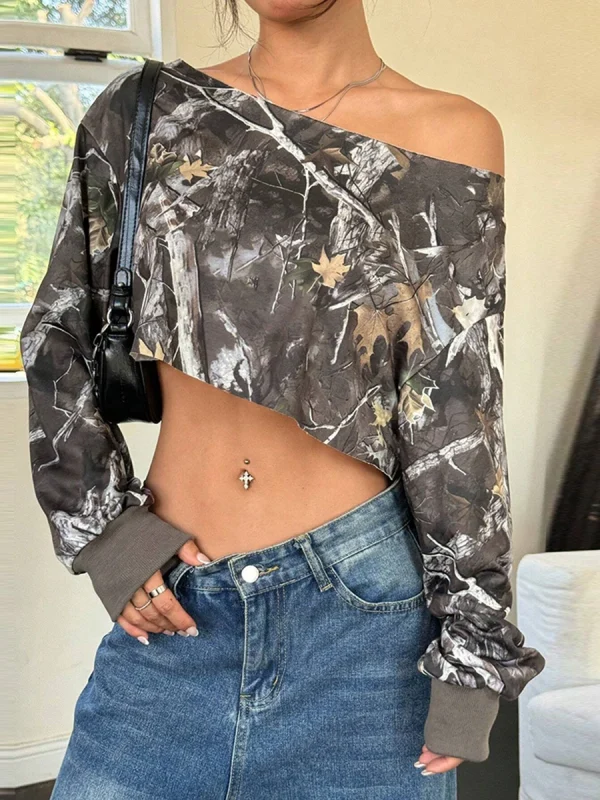 Ruffled Slash Neck Long Sleeve Temperament Short Shirt