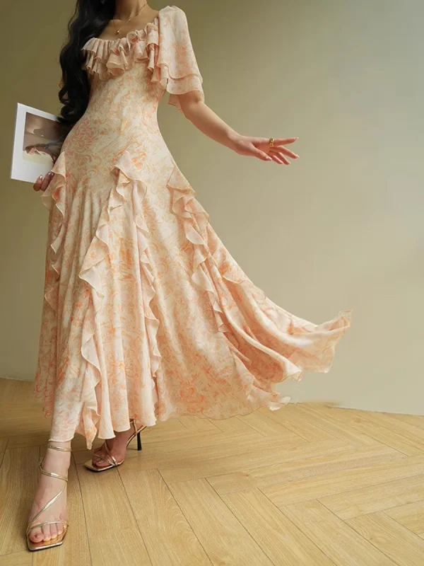 Ruffles O Neck Short Sleeve High Waist Temperament Slimming Dress - Image 10