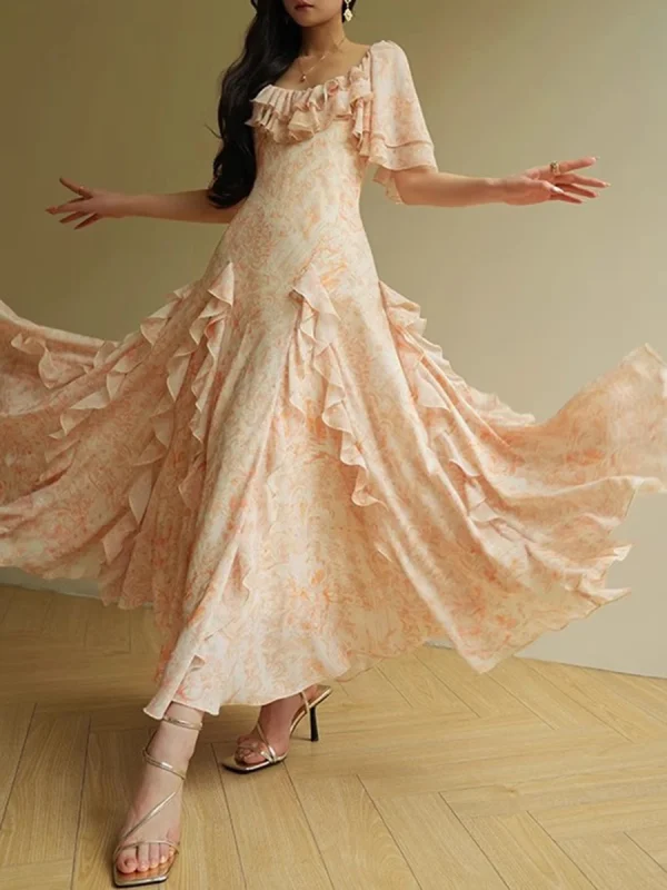 Ruffles O Neck Short Sleeve High Waist Temperament Slimming Dress - Image 4