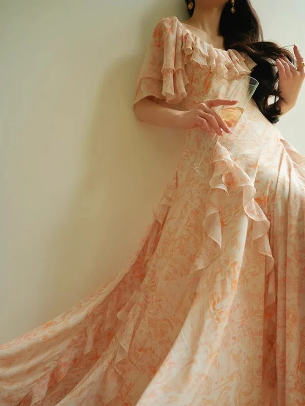 Ruffles O Neck Short Sleeve High Waist Temperament Slimming Dress - Image 5
