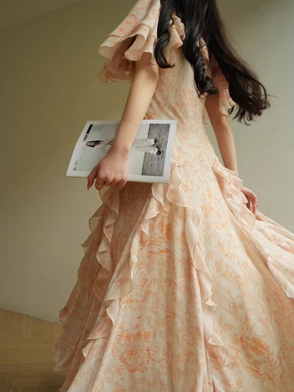 Ruffles O Neck Short Sleeve High Waist Temperament Slimming Dress - Image 8