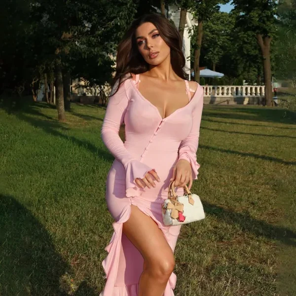 Ruffles V Neck Single-breasted Flare Sleeve Side Split Irregular Party Bodycon Dress - Image 4
