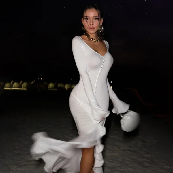 Ruffles V Neck Single-breasted Flare Sleeve Side Split Irregular Party Bodycon Dress - Image 9