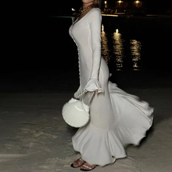 Ruffles V Neck Single-breasted Flare Sleeve Side Split Irregular Party Bodycon Dress - Image 10