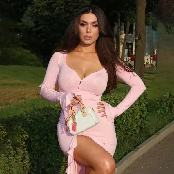 Ruffles V Neck Single-breasted Flare Sleeve Side Split Irregular Party Bodycon Dress - Image 6