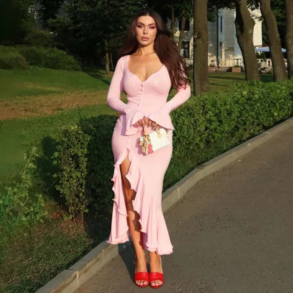 Ruffles V Neck Single-breasted Flare Sleeve Side Split Irregular Party Bodycon Dress