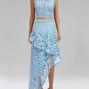 Elegant Hollow Out Spliced Lace Round Neck Sleeveless Top High Wasit Skirt Set