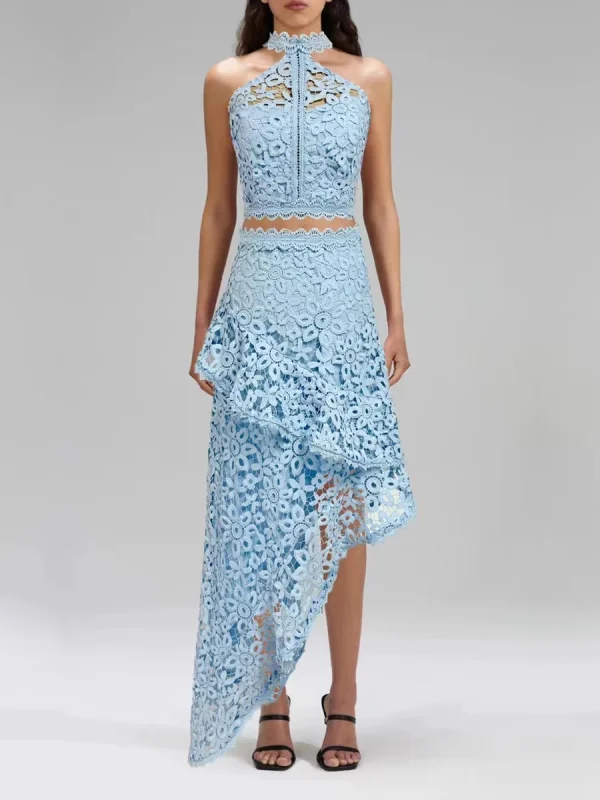 Elegant Hollow Out Spliced Lace Round Neck Sleeveless Top High Wasit Skirt Set