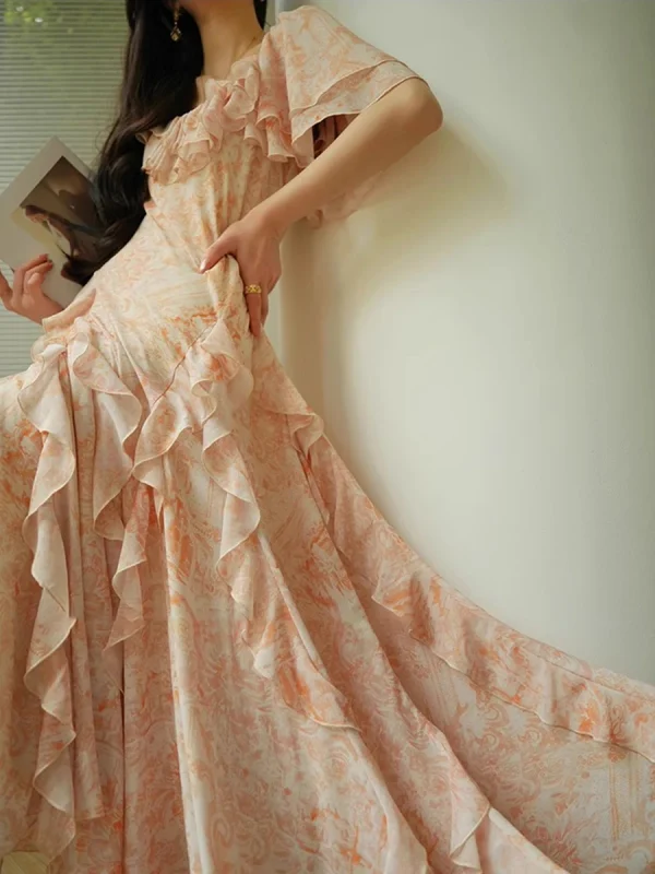 Ruffles O Neck Short Sleeve High Waist Temperament Slimming Dress - Image 7
