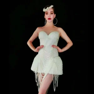 Luxury Elegant Strapless Pearl Skirt Concert Bodycon Mini Dress