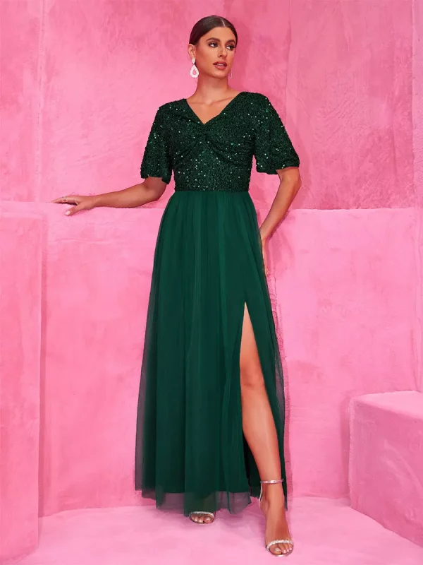 Sequined With High Slit For Evening Events Maxi Party Dress