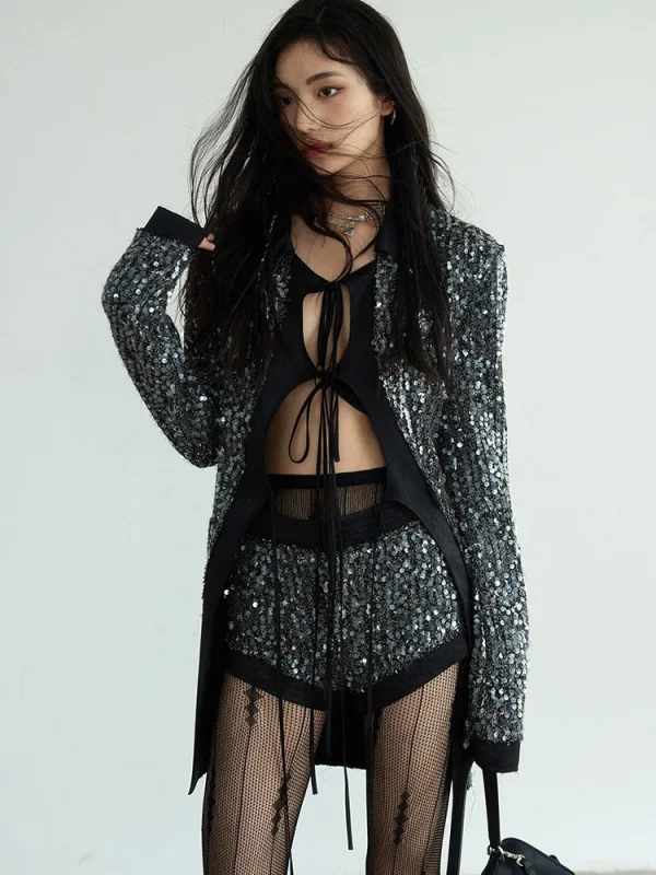 Sequines V Neck Long Sleeve Patchwork Lace Up Top High Waist Shorts Two Piece Set