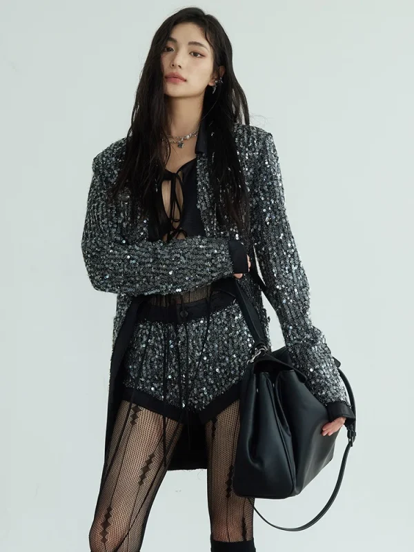 Sequines V Neck Long Sleeve Patchwork Lace Up Top High Waist Shorts Two Piece Set - Image 2