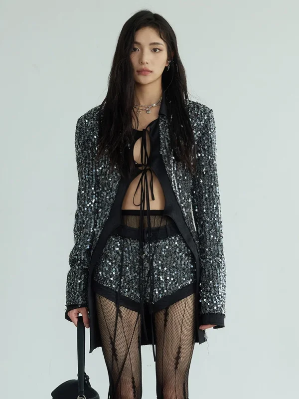 Sequines V Neck Long Sleeve Patchwork Lace Up Top High Waist Shorts Two Piece Set - Image 3