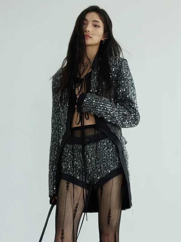 Sequines V Neck Long Sleeve Patchwork Lace Up Top High Waist Shorts Two Piece Set - Image 4